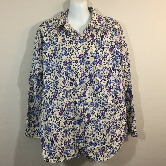 Honors Womens Cream Blue Floral Long Sleeve Button Front Blouse Top Size Large - Picture 1 of 11